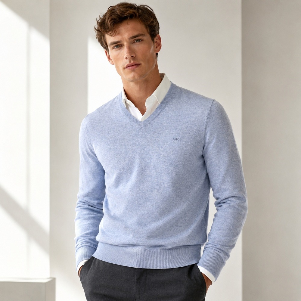 Michael Kors Men's L Heathered Blue V-Neck Cotton Pullover Sweater MK Logo